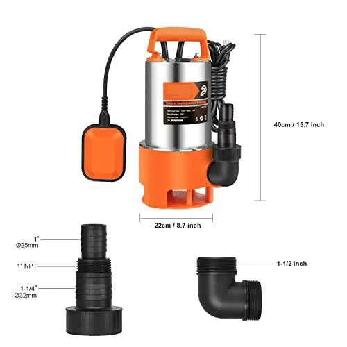 TDRFORCE 1HP 3700GPH Submersible Clean/Dirty Water Pump with Float Switch for Fresh Water, Mains Water, and Pool Water