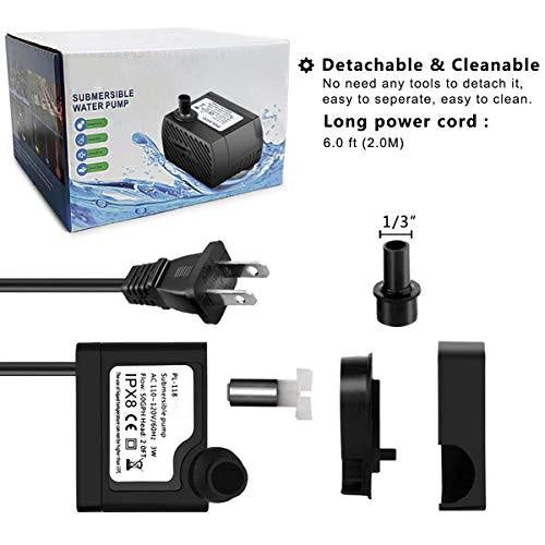 TDRFORCE 50GPH 3W Mini Submersible Water Pump for Aquariums, Fish Tank, Pond, Fountain, Hydroponics : Pet Supplies