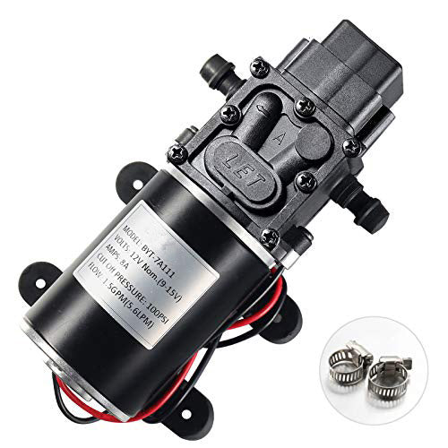 TDRFORCE 12V Diaphragm Water Pump, 1.5 GPM (5.6 L/Min) 100 PSI, 12 Volt DC Fresh Water Pump with 2 Hose Clamps, Self Priming Sprayer Pump with Pressure Switch Adjustable for RV Camper Marine Boat Lawn