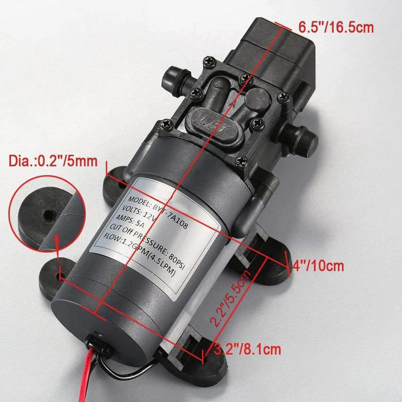 TDRFORCE 12V DC Fresh Water Pump with 2 Hose Clamps 12 Volt Diaphragm Pump Self Priming Sprayer Pump with Pressure Switch 4.5 L/Min 1.2 GPM 80 PSI Adjustable for RV Camper Marine Boat Lawn