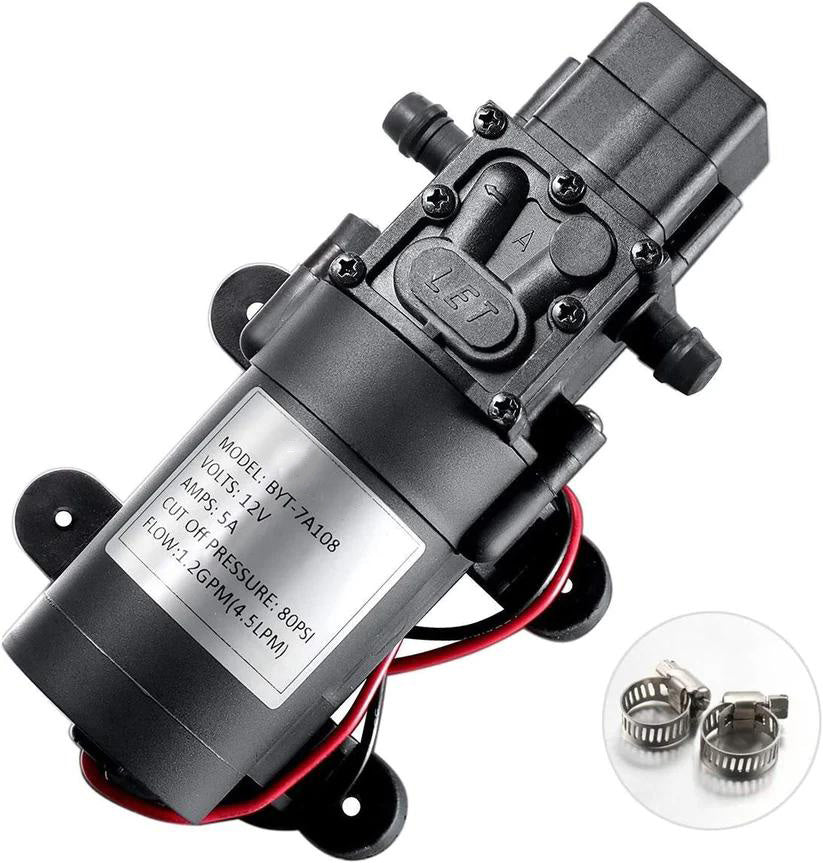 TDRFORCE 12V DC Fresh Water Pump with 2 Hose Clamps 12 Volt Diaphragm Pump Self Priming Sprayer Pump with Pressure Switch 4.5 L/Min 1.2 GPM 80 PSI Adjustable for RV Camper Marine Boat Lawn