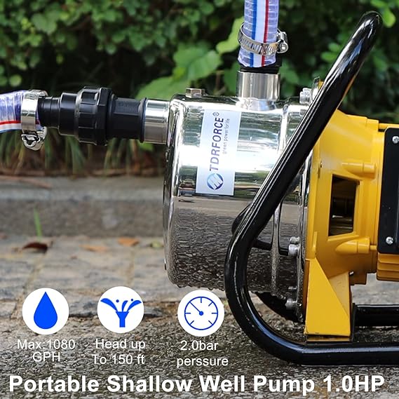 TDRFORCE 1/2 HP Shallow Well Pump,Garden Pump, Jet Pump Portable Stainless Steel Water Transfer Draining Irrigation Pump for Water Removal, Lawn Fountain Pump 960 GPH 125 Feet Height