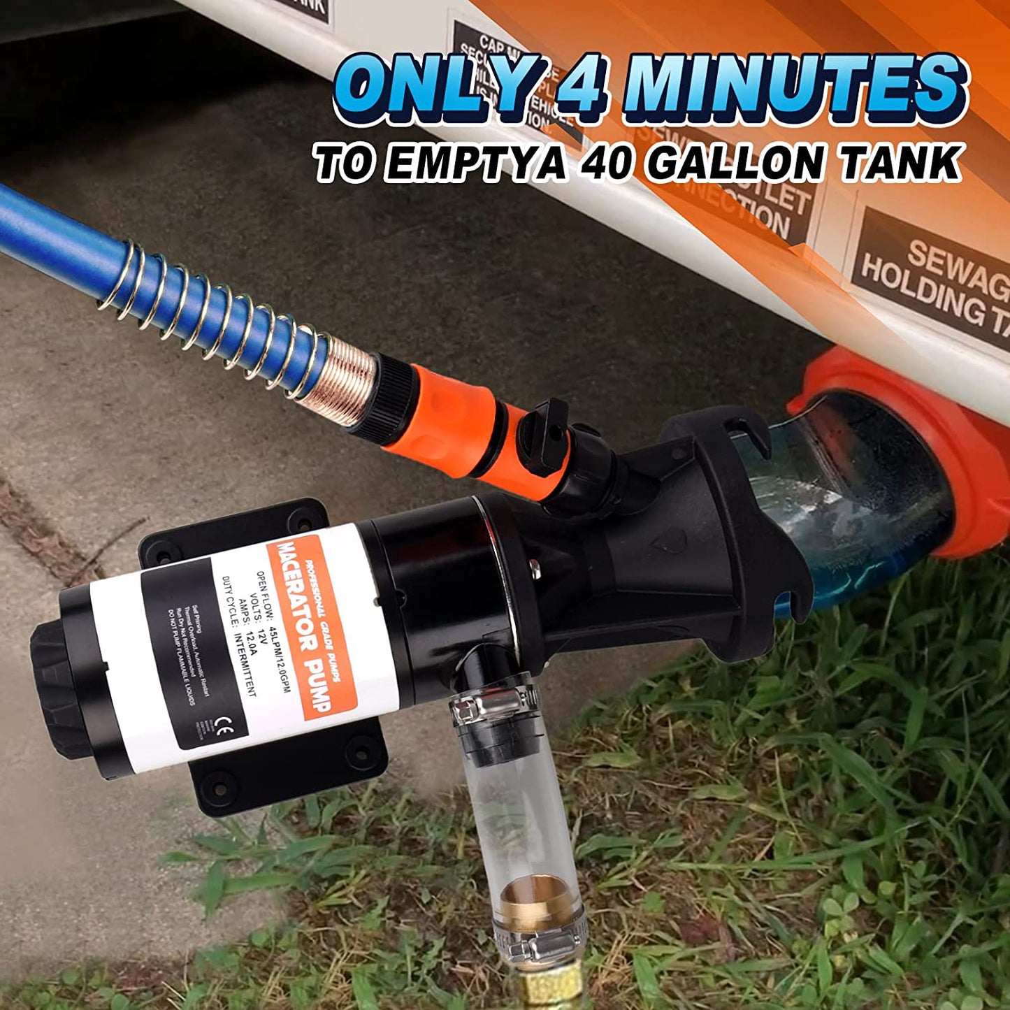 RV Macerator Pump 12V 12GPM Self-Priming Sewer Pump|Quick Release Sewage Chopper Pump|Waste Water Pump with Hoses & Clamps