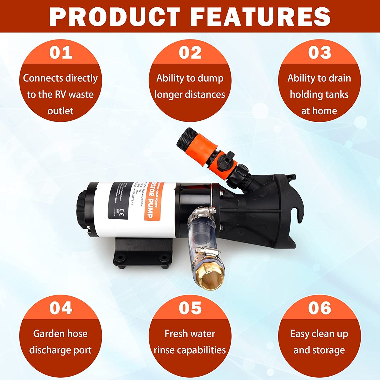 RV Macerator Pump 12V 12GPM Self-Priming Sewer Pump|Quick Release Sewage Chopper Pump|Waste Water Pump with Hoses & Clamps