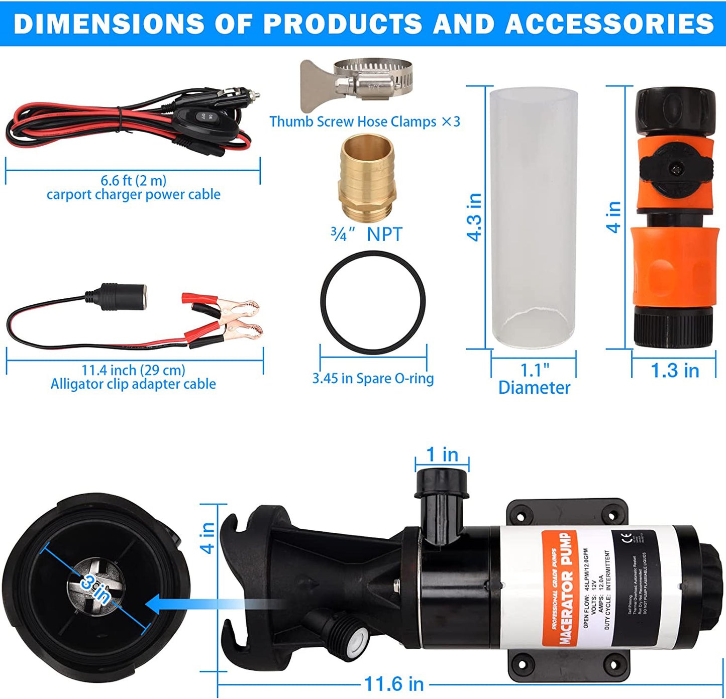 RV Macerator Pump 12V 12GPM Self-Priming Sewer Pump|Quick Release Sewage Chopper Pump|Waste Water Pump with Hoses & Clamps