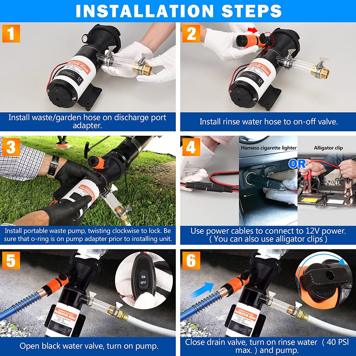 RV Macerator Pump 12V 12GPM Self-Priming Sewer Pump|Quick Release Sewage Chopper Pump|Waste Water Pump with Hoses & Clamps