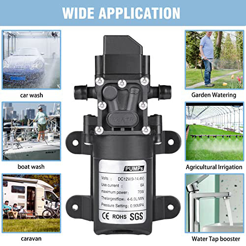 TDRFORCE  12V Water Pump 70W 6A Intelligent Self Priming Sprayer Pump 6 L/Min 0.9MPA 131 PSI for RV Camper Marine Boat Garden