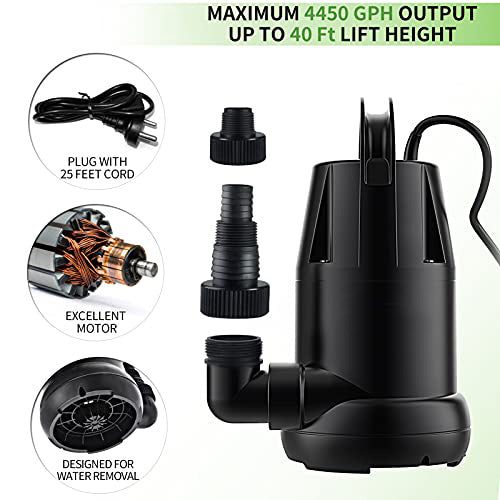 TDRFORCE Submersible Sump Pump 3/4 HP 4450 GPH, Utility Pump for Clean/Dirty Water Removal, Transfer Water Pump for Swimming Pool Garden Pond Basement,