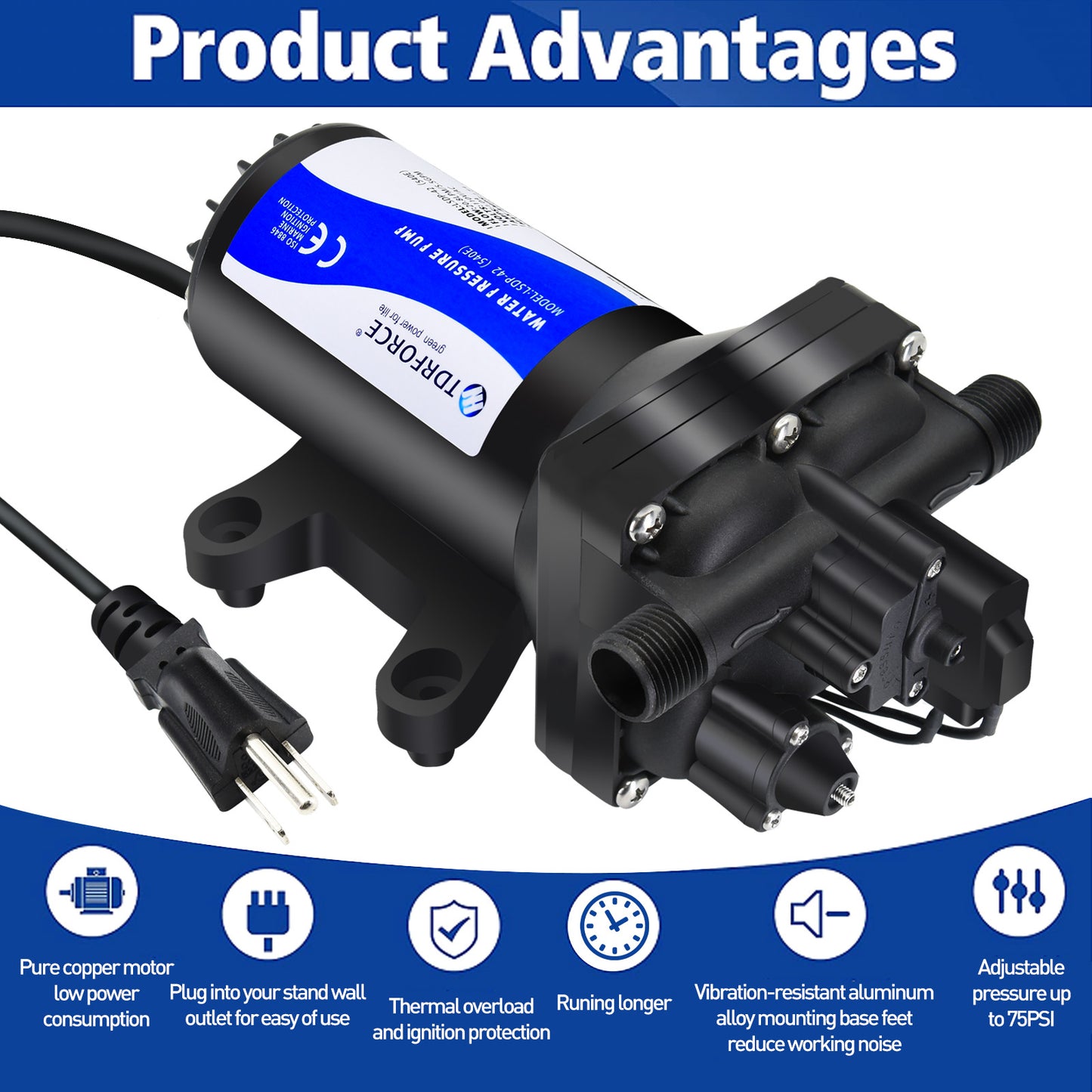 TDRFORCE Fresh Water Pump 5.5GPM Pressure Increase Booster Pump 75 PSI Transfer Pump 110V Self Priming on Demand Water Pump Diaphragm Pump Washdown Pump for Boats Inline Water Pump for Garden Hose (Model 540E)