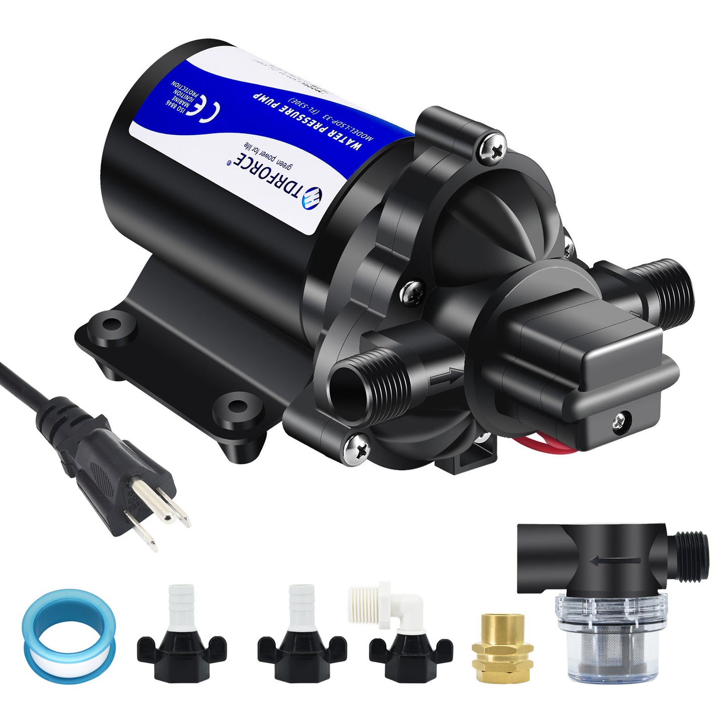 TDRFORCE 110V Fresh Water Circulating Pump 4GPM Pressure Increase Booster Pump 45 PSI Transfer Pump Self Priming on Demand Water Pump Diaphragm Pump Washdown Pump Inline Water Pump for Garden Hose (Model FL 530E)