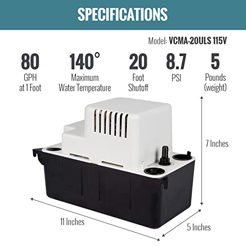 TDRFORCE 115 Volt, 80 GPH, 1/30 HP Automatic Condensate Removal Pump with Safety Switch, White/Black