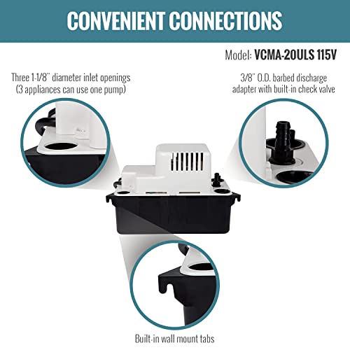 TDRFORCE 115 Volt, 80 GPH, 1/30 HP Automatic Condensate Removal Pump with Safety Switch, White/Black