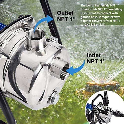 TDRFORCE 1 HP Portable Stainless Steel Sprinkler Booster Pump, Electric Shallow Well Pressure Pump for Home Garden Lawn Irrigation and Water Transfer, with 1"NPT Female Thread