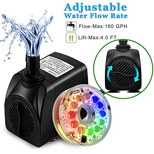TDRFORCE 10Watt 160 GPH Submersible Fountain Pump wiht LED Light for Water Feature, Outdoor Pond, Aquarium fish tanks, Home Décor Fountain