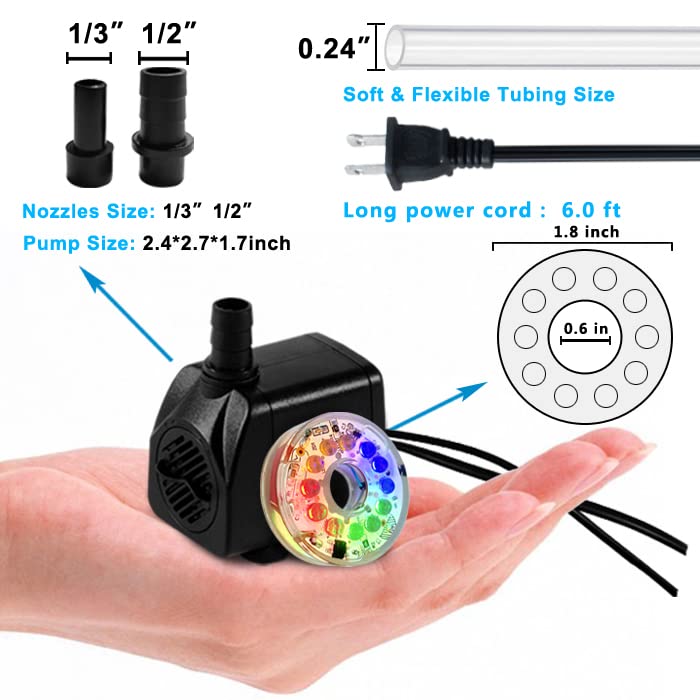 TDRFORCE 10Watt 160 GPH Submersible Fountain Pump wiht LED Light for Water Feature, Outdoor Pond, Aquarium fish tanks, Home Décor Fountain