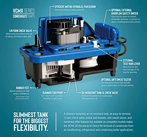 TDRFORCE 115 Volt, 1/30 HP, 84 GPH Automatic Condensate Removal Pump, 6-Ft. Power Cord, Safety Switch, 20-ft. 3/8-inch Tubing, Blue