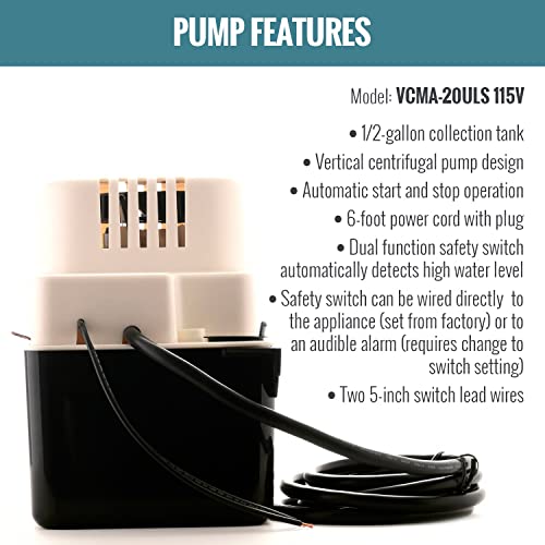 TDRFORCE 115 Volt, 80 GPH, 1/30 HP Automatic Condensate Removal Pump with Safety Switch, White/Black