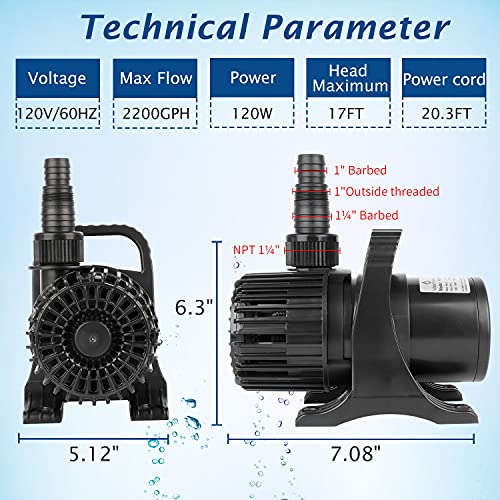 TDRFORCE (2200GPH-120W,UL listed) PS- High Flow Submersible Water Pump - Pond Pump - Submersible Pump - Water Fountain Pump - Aquarium Pump,PS-2200 : Pet Supplies