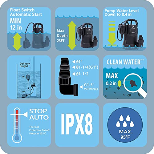 TDRFORCE 1/3HP Utility Pump 2300GPH Submersible Sump Pump, Drain Clean Water for Basement Flood Cellar Pool Pond Garden and Hot Tub