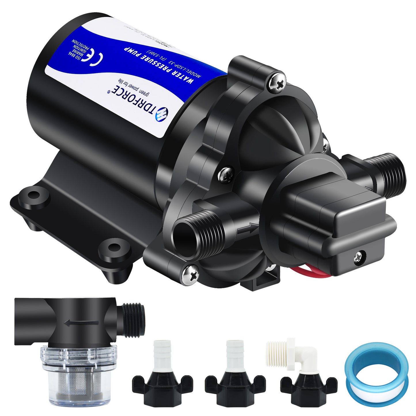 TDRFORCE 12V DC RV Fresh Water Pump 4 GPM Pressure Increase Booster Pump 45 PSI Transfer Pump Self Priming on Demand Water Pump Diaphragm Pump Washdown Pump for Boats Inline Water Pump (Model 530F)