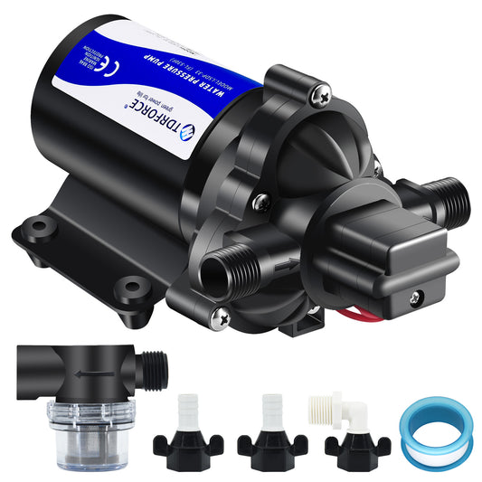 TDRFORCE 12V DC RV Fresh Water Pump 4 GPM Pressure Increase Booster Pump 45 PSI Transfer Pump Self Priming on Demand Water Pump Diaphragm Pump Washdown Pump for Boats Inline Water Pump (Model 530F)