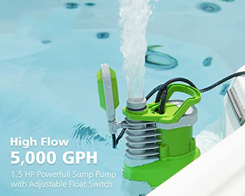 TDRFORCE 1.5HP Sump Pump Submersible High Flow 5000GPH 25ft Power Cord Manual Automatic for Water Removal from Basement Sump Pit Pools Hot Tub Spas Garden Pond