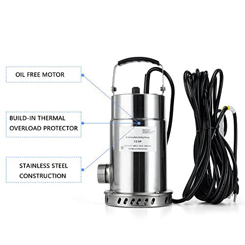 TDRFORCE Oil Free Stainless Steel Submersible Utility Pump, Water Pump, 1/2 HP, 30ft. Power Cord, Model# SUP050 : Patio, Lawn & Garden