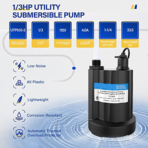 TDRFORCE 1/3 HP Submersible Water Pump 2160GPH Sump Pump Thermoplastic Utility Pump Portable Electric Water Pump Water Remove for Basement Hot Tubs Garden Pool Cover Draining with 10 ft Cord