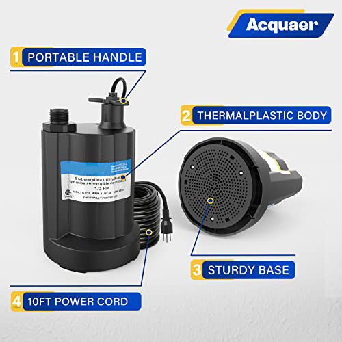 TDRFORCE 1/3 HP Submersible Water Pump 2160GPH Sump Pump Thermoplastic Utility Pump Portable Electric Water Pump Water Remove for Basement Hot Tubs Garden Pool Cover Draining with 10 ft Cord