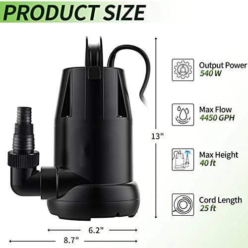 TDRFORCE Submersible Sump Pump 3/4 HP 4450 GPH, Utility Pump for Clean/Dirty Water Removal, Transfer Water Pump for Swimming Pool Garden Pond Basement,